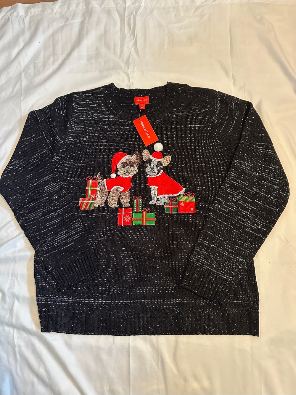 Title: Holiday Lane Christmas Dog Sequin Sweater Black Metallic XL NWT